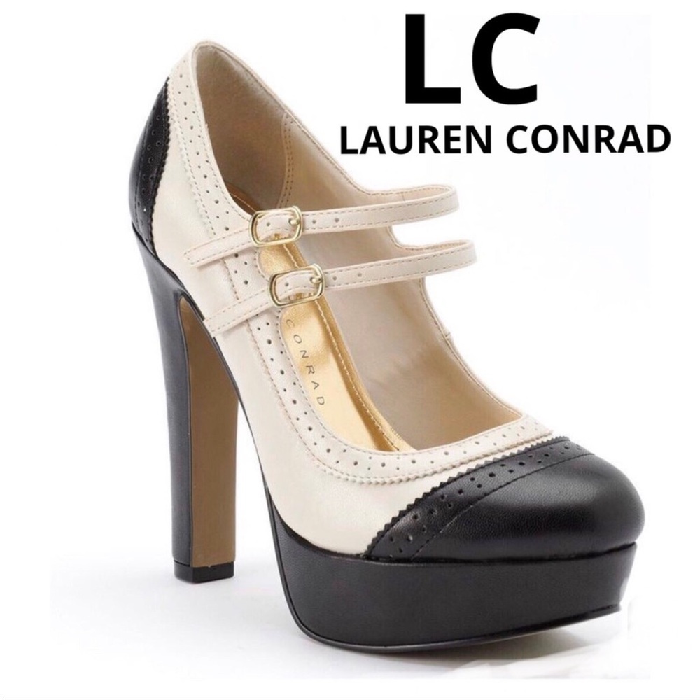 🆕 LC Lauren Conrad Mary Jane Black & Cream Wingtip Strappy Platform Heels Size 6